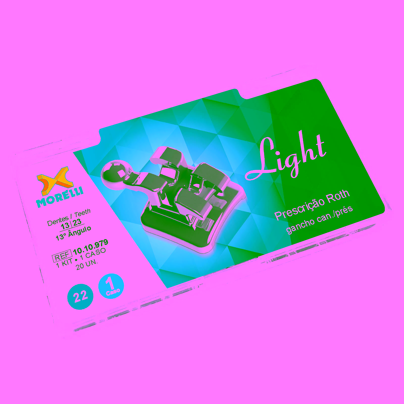 Kit de Brackets 01 caso Prescripción Roth Light .022" Can. 13° Ang. Gancho Can./Prés