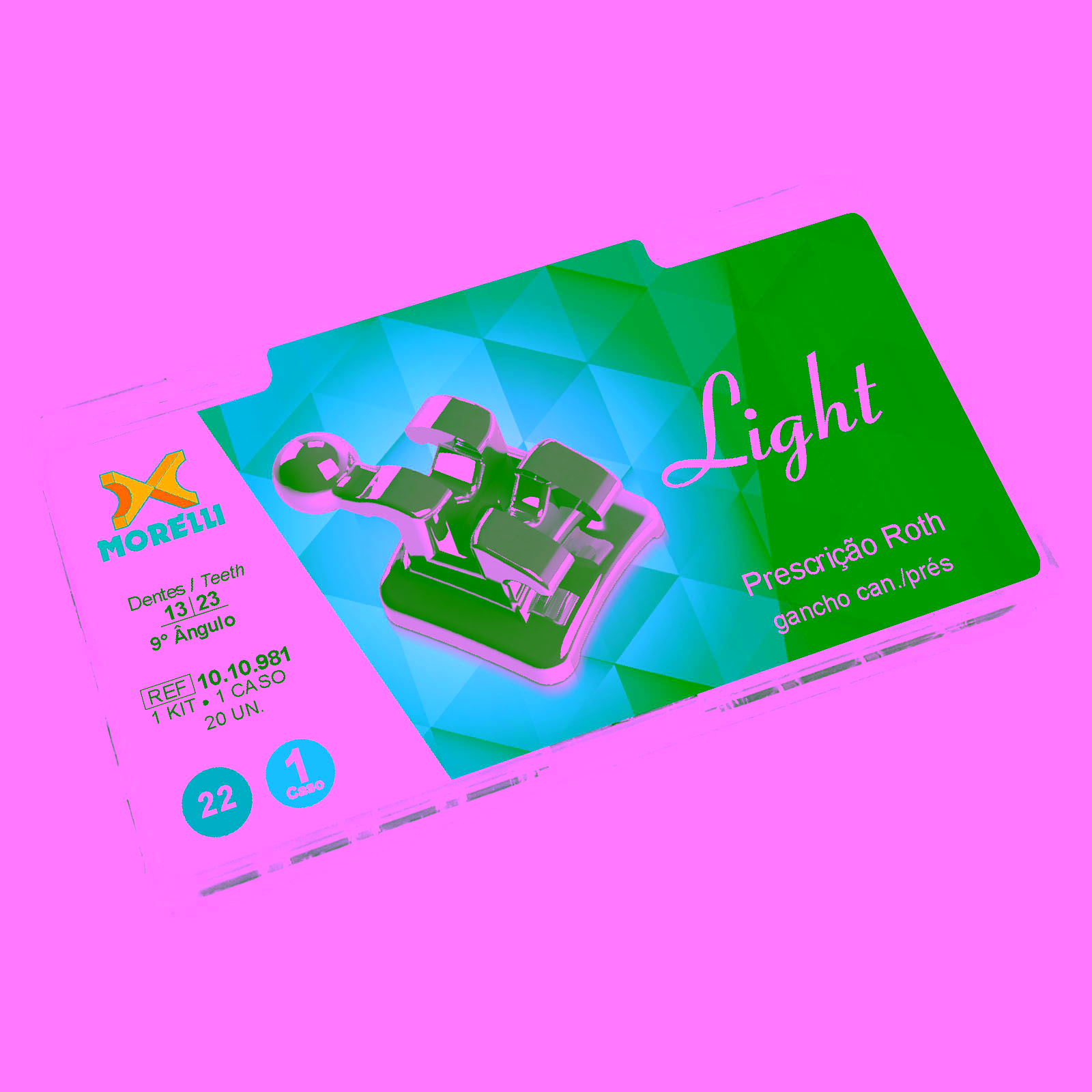 Kit de Brackets 01 caso Prescripción Roth Light .022" Can. 9° Ang. Gancho Can./Prés