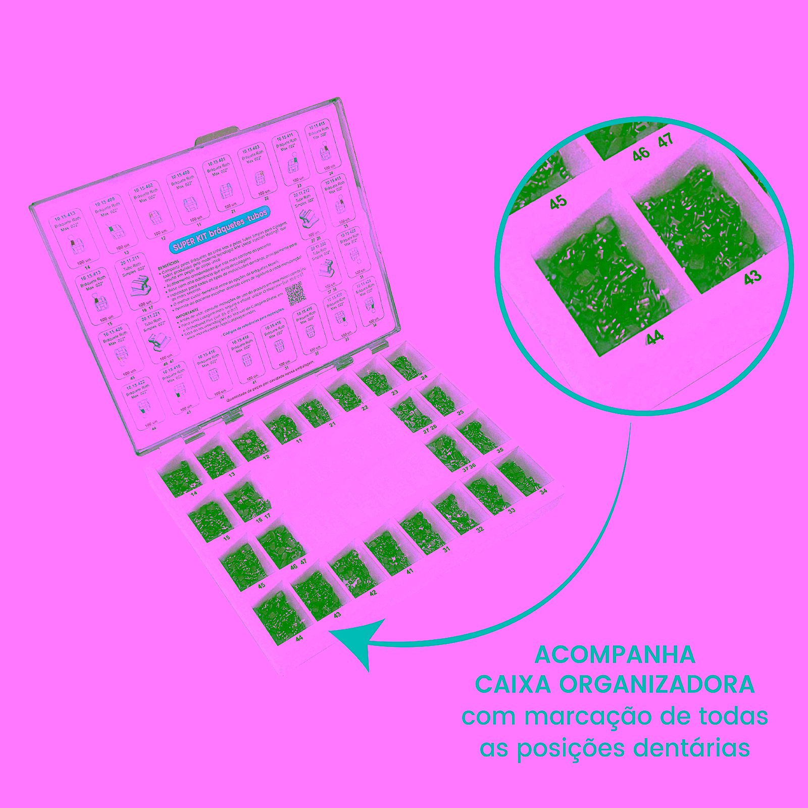 Kit de Brackets 100 casos + 400 Tubos Prescrición Roth Max .022" Can. 13° Ang. Gancho Can./Pré